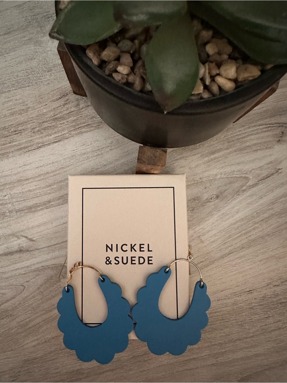 Nickel & Suede Blue Scalloped leather cutout drop Dahlia Earrings